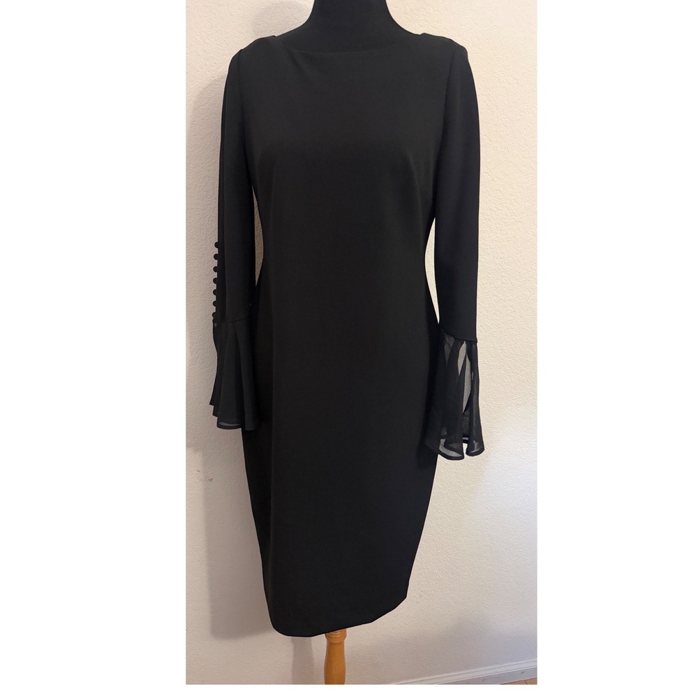 Calvin Klein Black Sheath Dress Gold Zipper Chiffon Bell Sleeve Size 10